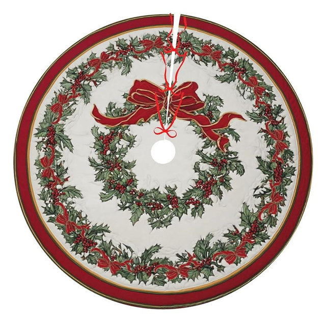 Bow Christmas Tree Skirt 36 Inch Holly Fruit Xmas Tree Mat Party Decor Supplies for Holiday Home Decorations