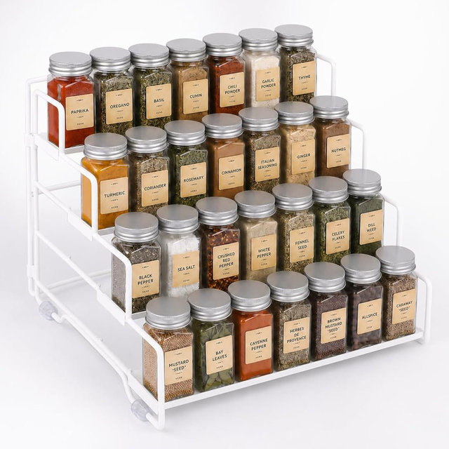 4-Tier Spice Rack Organizer for Cabinet, Adjustable Tiered Seasoning Holder, Metal Spice Shelf Organization for Kitchen, Countertop Cupboard Pantry, Space Saving Storage Shelf, Stepped Display Riser
