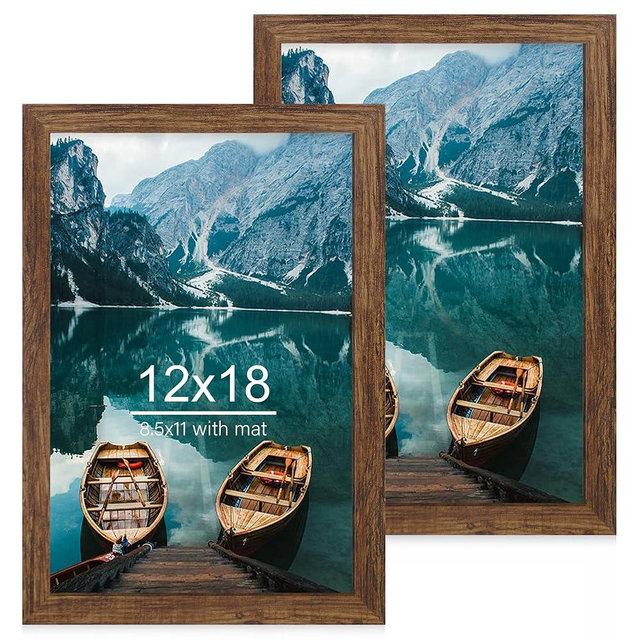 Hongkee 12x18 Frame Set of 2, Rustic Brown Wood Style, Display 12 x 18 Poster without Mat or 8.5x11 Picture with Mat, Wall Mounting Horizontal and Vertical