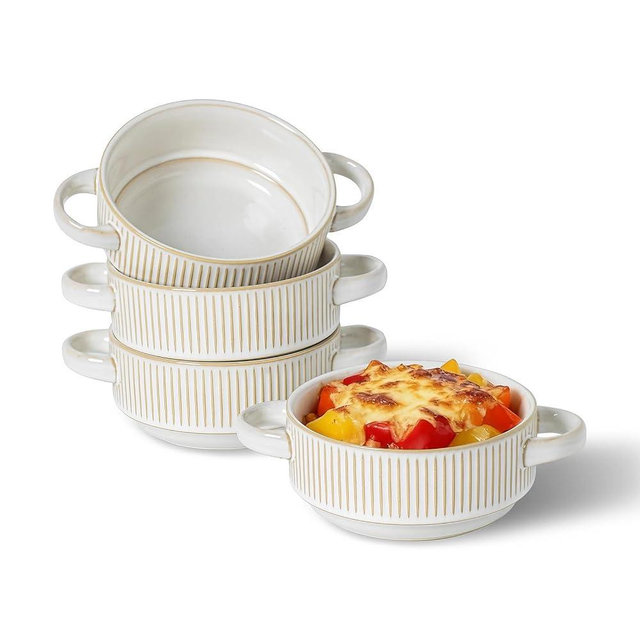DLIM HOME Oven Safe Ceramic Soup Bowls with Handles, 26 oz Large French Onion Soup Crocks Set of 4, Microwave & Dishwasher Safe for Chili, Beef Stew & Gumbo