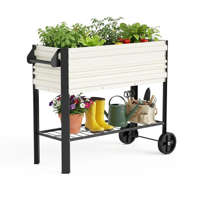 WORKPRO Galvanized Raised Garden Bed with Legs & Wheels, 37x14.6x31.6in, 400LB Capacity Elevated Planter Box for Garden, Backyard, Patio & Deck, White