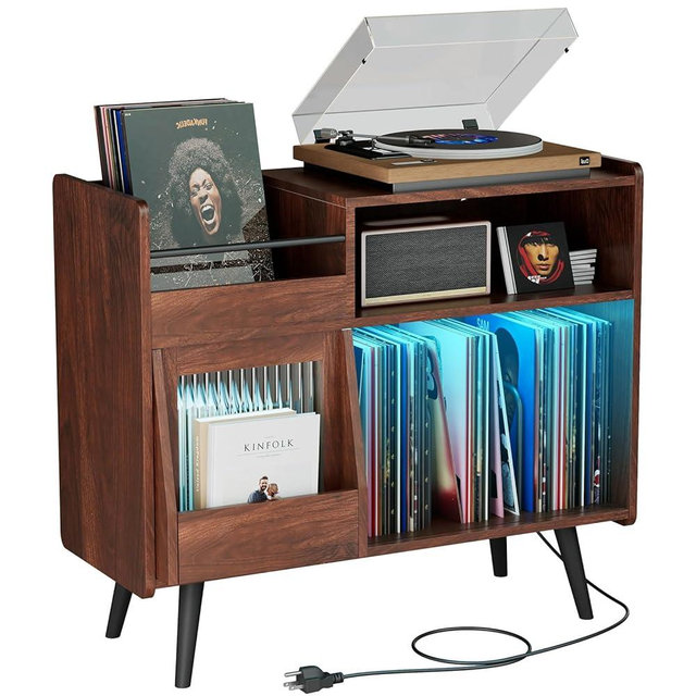 MULEJYBO Large Record Player Stand with Sliding Door,350 Vinyl Record Storage Cabinet, Record Player Table with Power Outlet and LED Light,Turntable Stand with Wood Legs for Living Room,Office