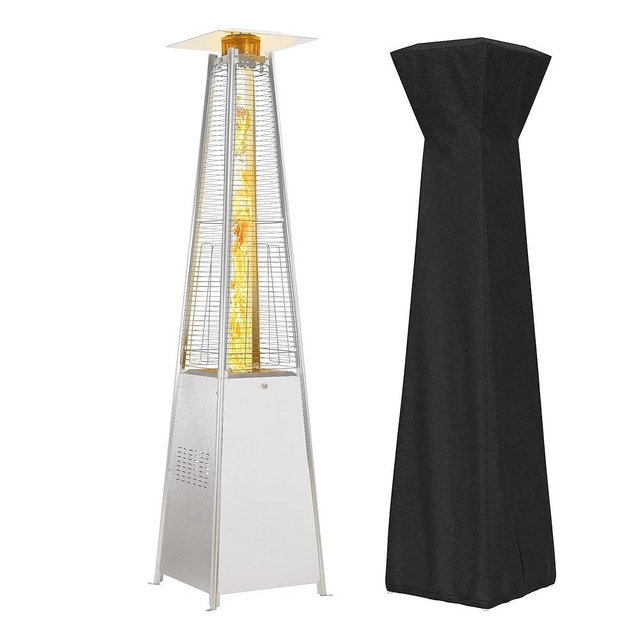 FOOWIN Patio Heater, 48,000 BTU Outdoor Patio Heater with Wheels,Propane Patio Heater w/Waterproof Cover & Gloves,Quartz Glass Tube Pyramid Patio Heater for Outdoor Use,Silver Grey