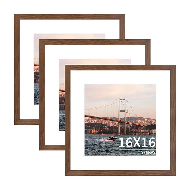YESKAY 16x16 Picture Frame 3 Pack - Brown Poster Frame Display Pictures 12x12 with Mat or 16 x 16 Without Mat for Wall Hanging Horizontal and Vertical
