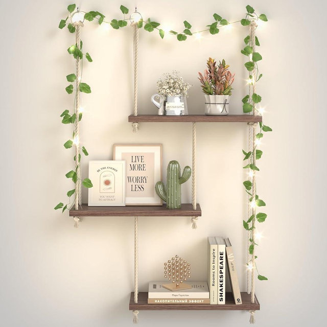 REFGY Hanging Shelves for Wall with Vine Lights, 3 Tier Rope Wall Hanging Plant Shelf, Boho Wall Decor Aesthetic for Succulents, Bedroom, Living Room, Bathroom (Rustic Brown)