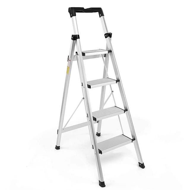 Folding Step Ladder Lightweight Aluminum Home Ladder Multi Purpose Portable 4 Step Ladders with Tool Project Tray (4 Step Ladder)
