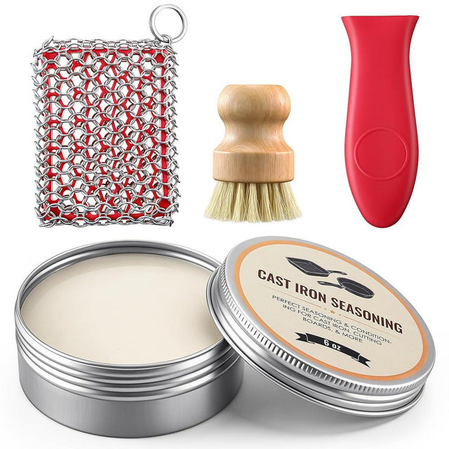 4pcs Cast Iron Cleaner and Care Kit - 6oz Cast Iron Seasoning Wax, Chainmail Cleaning Scrubber, Silicone Pot Handle Holder and Bamboo Dish Brush for Wok, Skillet, Pan, Dutch Oven, Griddle
