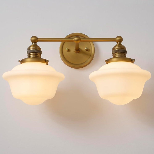 Teqinchy Vintage 2-Lights Wall Sconce Lights Brass Gold Bathroom Vanity Light with Milk Glass Double Sconce Wall Mounted Lamp for Bedroom Living Room Bathroom Mirror Kitchen Hallway Hardwire