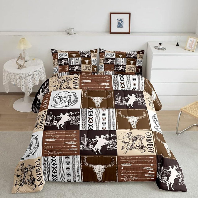 Manfei Western Cowboy Comforter Set Queen Size, Bull Skull Horse Arrow Print Quilt Set with 2 Pillowcases, Geometric Grid Brown Plaid Print Bedding Set 3pcs for Kids Boys Teens Bedroom Decor