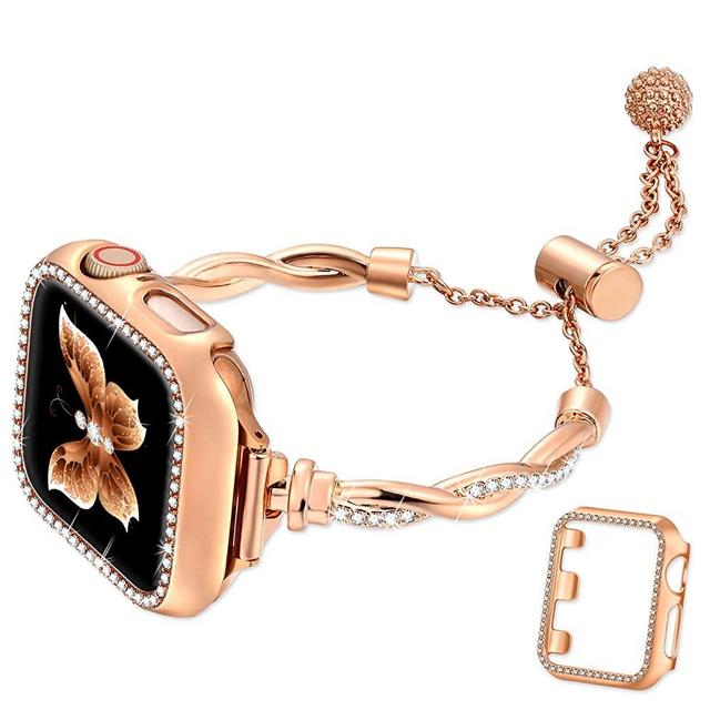 Dilando Bling Band and Case Compatible with Apple Watch Band 38mm 40mm 41mm 44mm 45mm 42mm Women, Slim Fancy Metal Bracelet Strap Rhinestone Bumper for Iwatch SE & Series 8 7 6 5 4 3 2 1(Rose Gold,38)