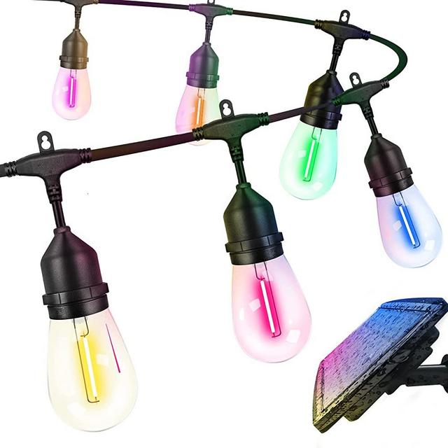 Fmix 48FT Solar String Lights, RGB Solar Outdoor String Lights Patio Lights, 15 Bulbs IP65 Waterproof Shatterproof 5V Low Voltage for Cafe Balcony Porch Backyard