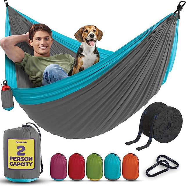 Durable Hammock 500 lb Capacity - Lightweight Nylon Camping Hammock Chair - Double or Single Sizes w/Tree Straps and Attached Carry Bag - Portable for Travel/Backpacking/Beach/Backyard (Large, Navy)