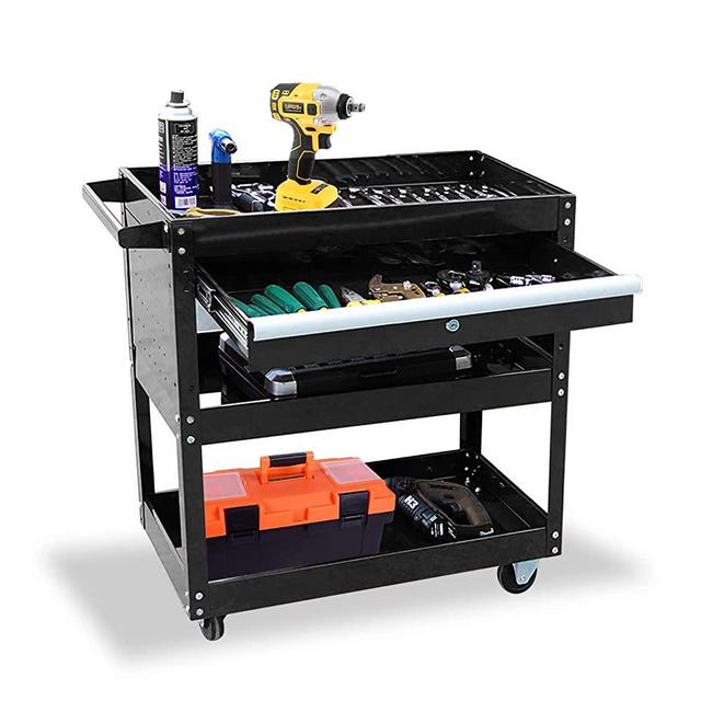 3-Tray Tool Cart with Lock Drawers and Wheels, Big 3-Tier Rolling Utility Tool Storage Cart, Mobile Tool Service Trolley for Garage, Warehouse and Repair Shop (New Black)