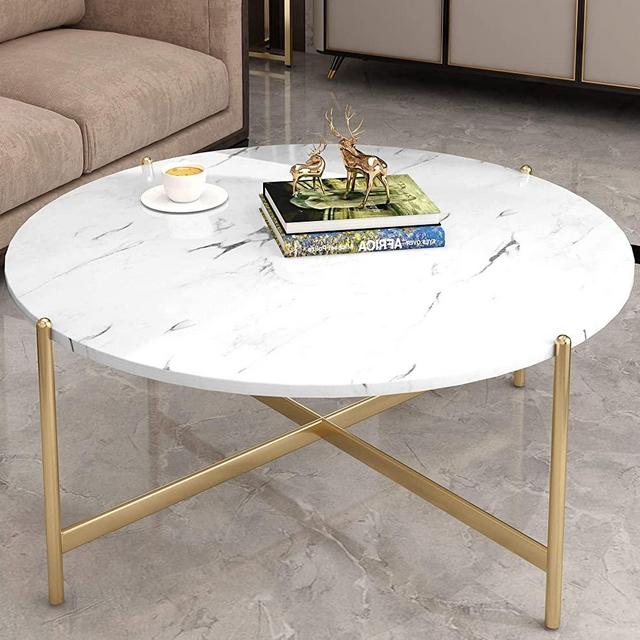 HOOSENG Coffee Table Faux Marble Round AccentTables for Living Room-36 D x 18" H, Gold Base