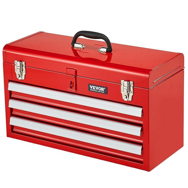 VEVOR Metal Tool Box, 20.5-inch, Portable Metal Tool Box with 3 Drawers, Small Tool Chest with EVA Liners, Ball Bearing Slide Drawers Locking & Powder Coated Finish, Multi-Function Tool Organizer, Red