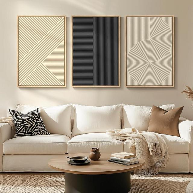 Framed Boho Modern Abstract Wall Art for Living Room, Minimalist Neutral Black Beige Canvas Artworks, Large 3 Piece Geometric Painting Prints for Dining Room Hallway Home Office Wall Decor, 24x36 Inch