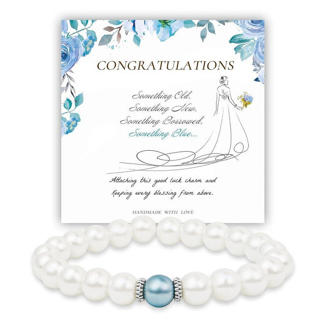 Something Blue Gift for Bride, Bridal Shower Gifts for Bride to be White Pearl Bracelet Anniversary Gifts for Wife with Meaningful Card as Bride Gifts Bridal Party Gifts Wedding Accessories Jewelry