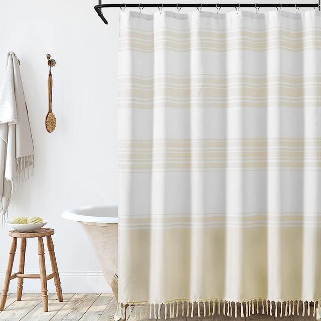 jinchan Taupe and White Shower Curtain with Tassels Fabric Boho Shower Curtain for Bathroom Modern Striped Shower Curtain Water Repellent in Bath 70x72 inches Long Shower Curtain with Curtain Hooks
