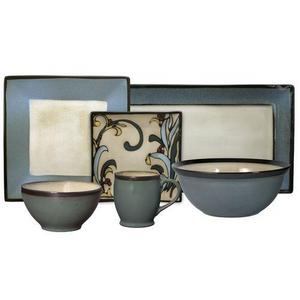 Gourmet Basics - 				Belmont	Square Blue Leaves Service for 8 With Serveware