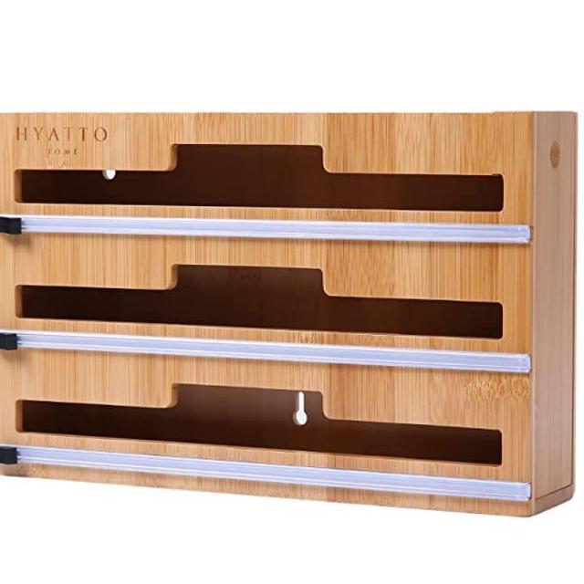 Hyatto Home 3 in 1 Bamboo Wrap Organizer With Cutter and Labels | Kitchen Ziplock Bag, Foil, Plastic | Aluminium Dispenser Holder for Drawer | Hangable, Home Organization, Compatible with 15" Roll