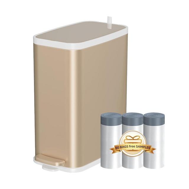 KdbK Gold Bathroom Trash Can with Lid Soft Close,1.6 Gallon Slim Garbage can,Small Metal Step Wastebasket for Office, Bedroom, Toilet, Live Room