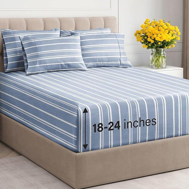 Extra Deep Queen Sheet Set - 6 Piece Breathable & Cooling Sheets - Hotel Luxury Bedding Set w/18-24 Inch Extra Deep Pockets - Easy & Secure Fit - Soft, Wrinkle Free & Comfy - Blue Stripes, Queen Size