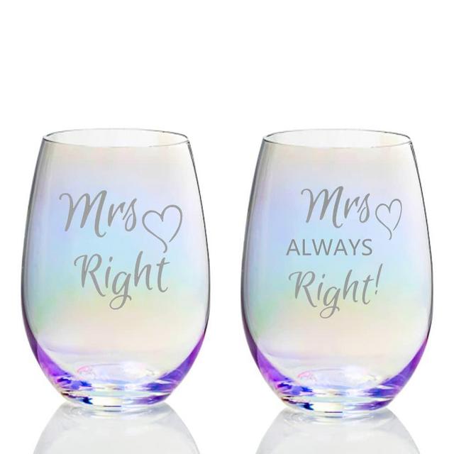 Gifts for Lesbian, Mrs Right Mrs Always Right Engraved Rainbow Wine Glasses Wedding Gifts Set for Lesbian Gay Couple