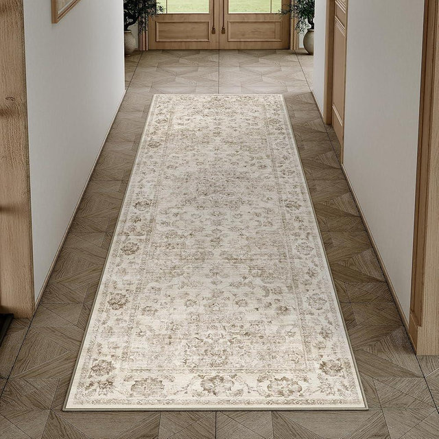 WondRg 3x7 Washable Neutral Runner Rug Beige Hallway Kitchen Non-Slip Low Pile Floral Carpet Vintage Soft Thin Throw Rug for Entrance Bathroom Indoor Door Mat Dorm Dining Room