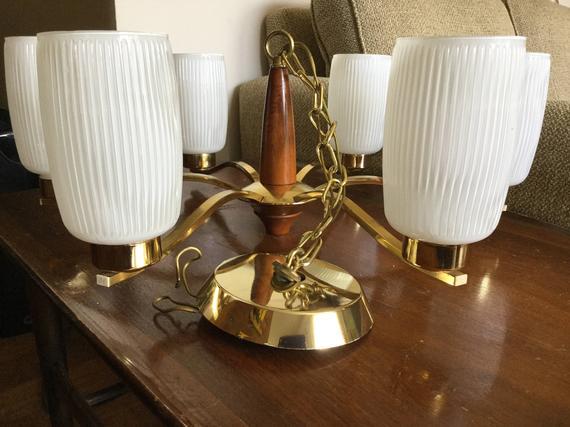 MCM Chandelier & Globes, Bright Brass and Teak with 6 Modern White Globes