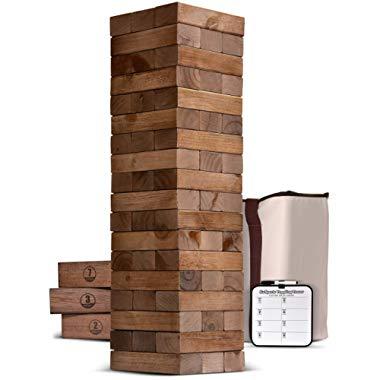 GoSports Giant Wooden Toppling Tower (Stacks to 5+ Feet) | Choose Between Natural, Brown Stain or Gray Stain | Includes Bonus Rules with Gameboard | Made from Premium Pine