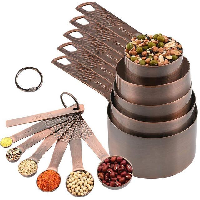 Copper Measuring Cups and Spoons Set, Copper Measuring Cups and Spoons Set of 5 Copper Measuring Cups and 6 Copper Measuring Spoons, 1 Measure Ingredient Leveler and Rings