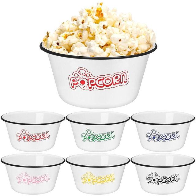 Maxdot Set of 6 Enamelware Popcorn Bowl 1.2 Quart Reusable Popcorn Serving Bowls Buckets Containers for Family Cinema Nights and Camping Party Shatterproof Classic White with Black Rim