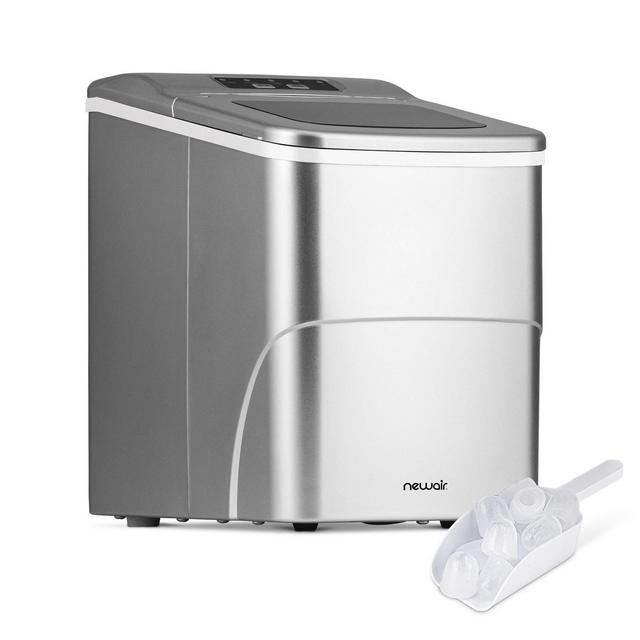 Newair 26 lbs. Countertop Ice Maker, Portable And Lightweight, Intuitive Control, Large Or Small Ice Size in Metallic Silver