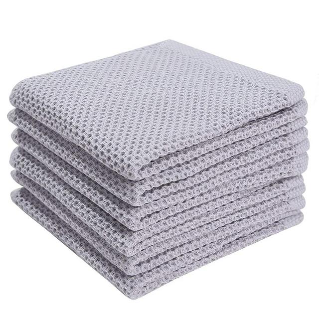 Kitinjoy 100% Cotton Dish Cloths, Waffle Weave Cleaning Cloth Ultra Soft Absorbent Quick Drying Dish Towels, Set of 6 (Light Grey, 12 in x 12 in)