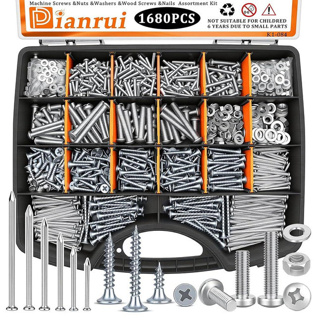 Dianrui 1680 PCS Nails and Screws Assortment Kit & Screw Bolts and Nuts, M3/M4/M5/M6 Machine Screws, Small Nails for Picture Hanging, #6#8 Drywall Screw Set for DIY Repair Project Length 1/2" to 2"