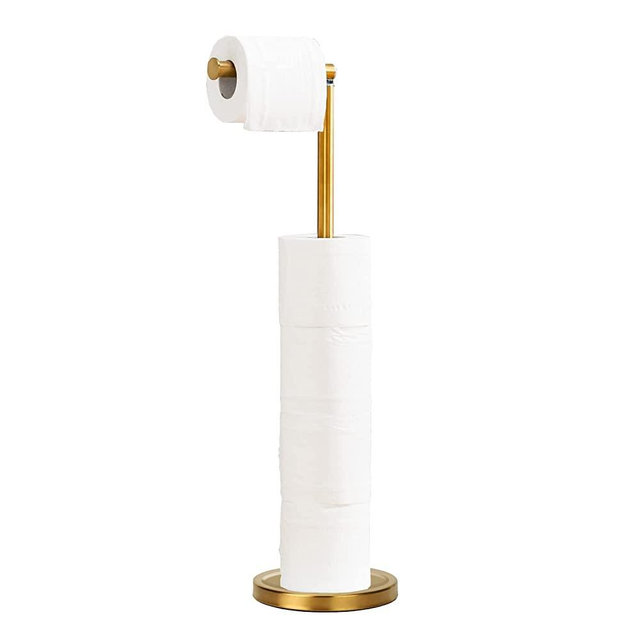 Toilet Paper Holder Stand, Free Standing Toilet Paper Holder Stand with Reserve for 4 More Rolls, SUS304 Stainless Steel Sturdy Base (Brushed Gold)