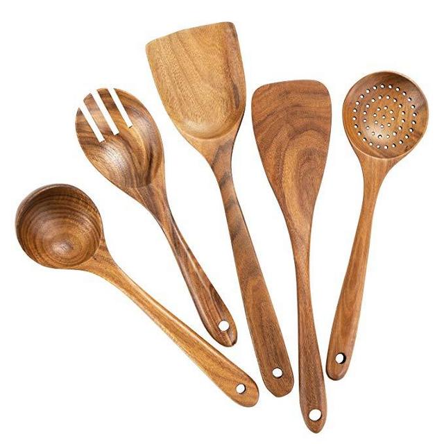 Wooden Cooking Utensils for Kitchen, Organic Wooden Spoons For Cooking Tools for Nonstick Cookware,100% Handmade By Natural Teak Wood Without Any Painting,Set of 5