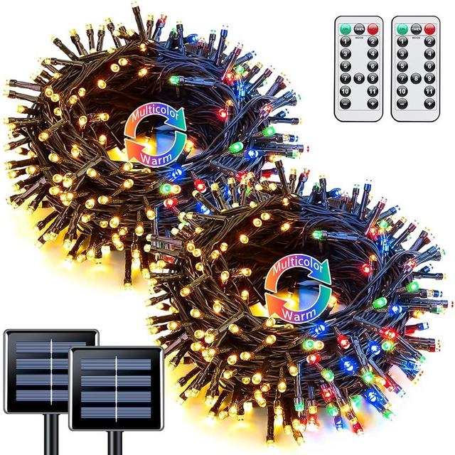 JMEXSUSS 2 Pack Warm White & Multicolor Solar Christmas Lights with 11 Modes Remote, Each 100 LED 42.7ft Solar Color Changing Lights Outdoor Waterproof for Christmas Halloween Decorations