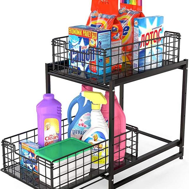 FavoThings Under Sink Cabinet Organizer 2-Tier Stackable Storage Shelf with Sliding Baskets Drawers for Kitchen, Bathroom, Office, Black