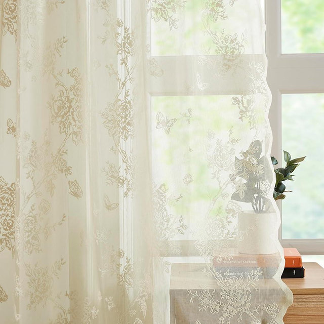 Bujasso Beige Lace Curtains Vintage Floral Beige Sheer Curtains 63 inch Rod Pocket Light Filtering Victorian Beige Lace Sheer Drapes for Living Room Bedroom Scalloped 2 Panels 54" Wx63 L
