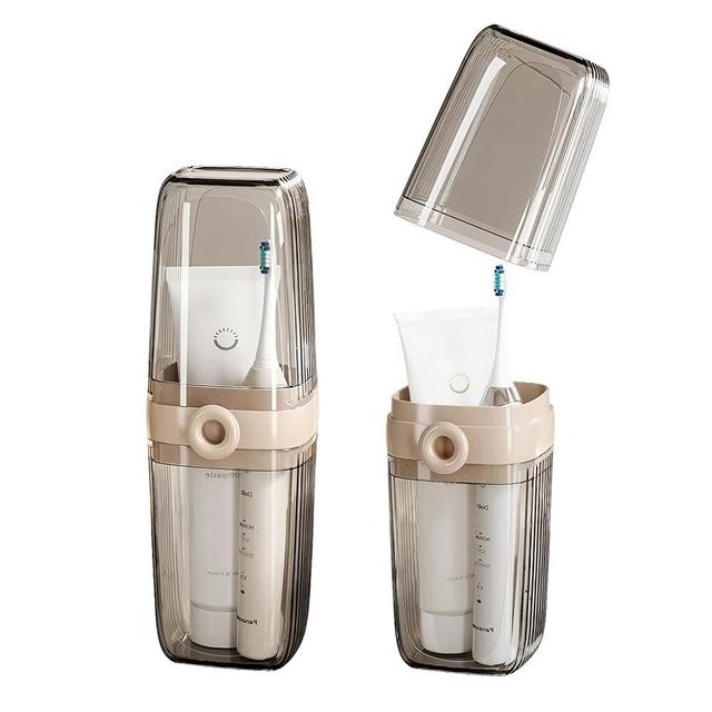 Topavatop Toothbrush Travel Case, 2 in 1 Toothbrush Holder and Rinse Cup, Large Capacity Toothbrush Cup with Cover, Portable Travel Toothbrush Holder for Traveling, Camping, Trip - 1Pcs - Beige&Clear