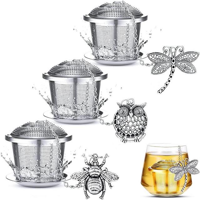 Tea Infuser with Charm 3 Sets Stainless Steel Loose Leaf Tea Strainer and Steeper Tea Ball Infuser Strainer Tea Mesh Strainer Tea Filters with Drip Trays and Pendant for Pot Cup Mug (Insects Style)
