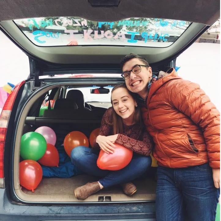 Johanna asked Sam to the Sadie Hawkins Dance by stealing his car keys and stuffing his car with balloons. Hidden beneath the balloons, Johanna popped out and asked Sam to Sadies!