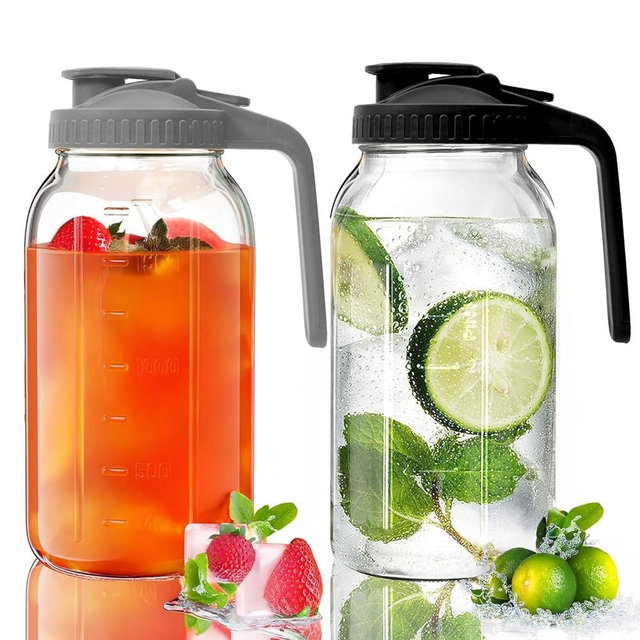 AsstarJTK 2 Pack Glass Mason Jar Pitcher - 64 oz/2 Quart Wide Mouth Jug with Lid and Pour Spout, Airtight Seal, Leak Proof Iced Tea Pitcher for Sun Tea, Juice, Breast Milk, Cold Beverages, Coffe