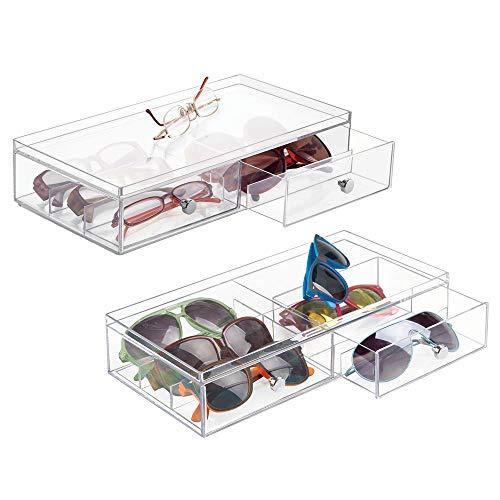 mDesign Wide Stackable Plastic Eye Glass Storage Organizer Box Holder for Sunglasses, Reading Glasses, Accessories - 2 Divided Drawers, Chrome Pulls, 2 Pack - Clear