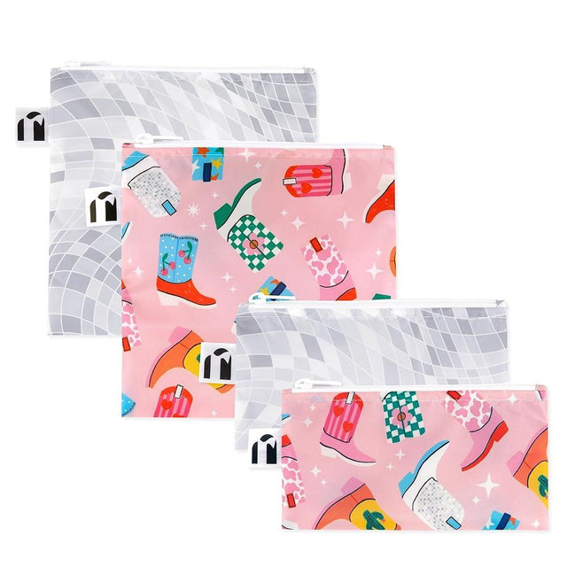 Roamio Reusable Sandwich and Snack Bags, for Kids School Lunch and for Adults Portion, Washable Fabric, Waterproof Cloth Zip Bag, Travel Pouch, Food-Safe Storage, 4-pack Set Cowgirl Boots and Disco