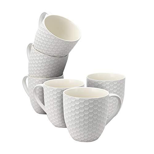 Elama Geometric Embossed Stoneware Honeycomb Pattern Coffee and Tea Mug Gift Set, 6 Piece, Pearl White