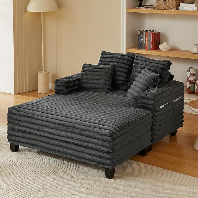 Amsleekey Chaise Lounge Chair Indoor, 64" Oversized Sleeper Chair with Wood Frame, Upholstered Sofa Bed for Living Room, Movie Room, Bedroom with 4 Storage Pockets& 2 Cup Holders(Corduroy, Grey)