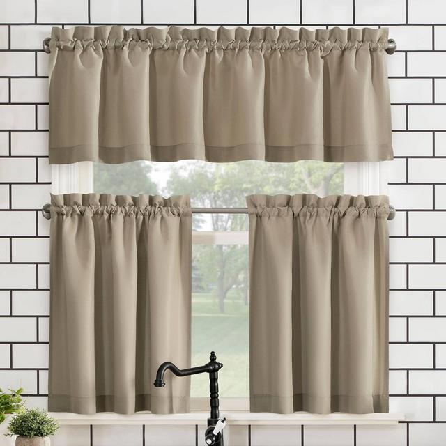 Set of 3 (24"x27")Martine Microfiber Semi-Sheer Rod Pocket Kitchen Curtain Valance and Tiers Set Beige - No. 918