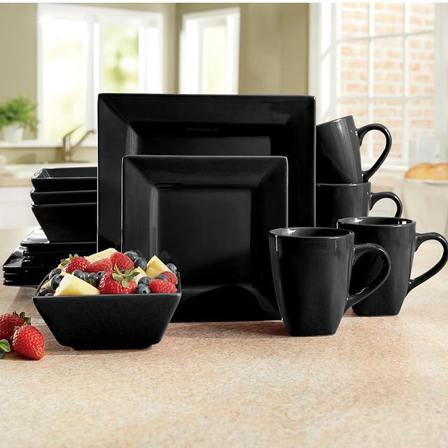 Montgomery Ward 16-Piece Sleek Black Square Dinnerware Set for 4 - Modern Stoneware Plates and Bowls Set (Black)